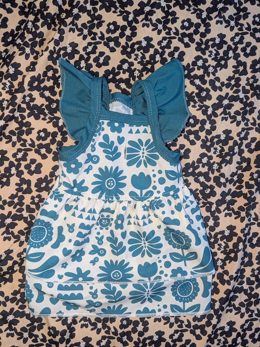 Blue Floral Dog Dress Ruffle Sleeve Teal & White Cute Pet Dress